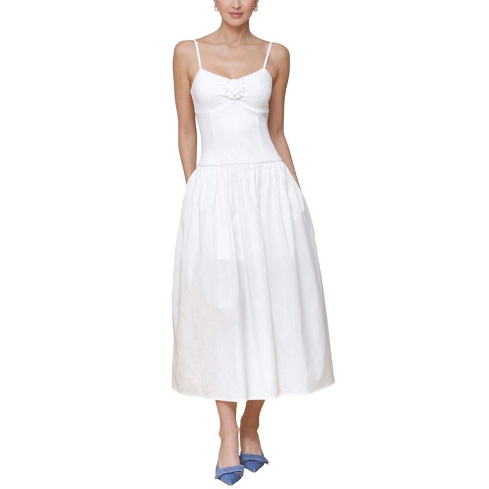 Avec Les Filles Womens Rosette-Trim Drop-Waist Midi Dress Large White - NWT $159